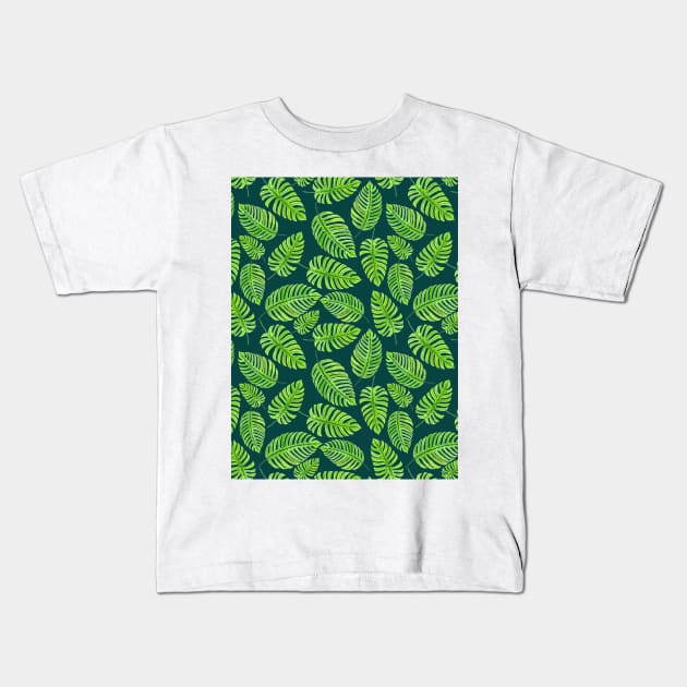 Monstera leaves, tropical watercolor pattern Kids T-Shirt by katerinamk